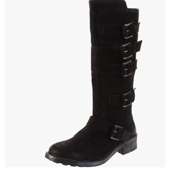 MIA Aleshia Tall Black Suede Knee High Boot w Buckles Zip biker Size 8.5 - Picture 1 of 14